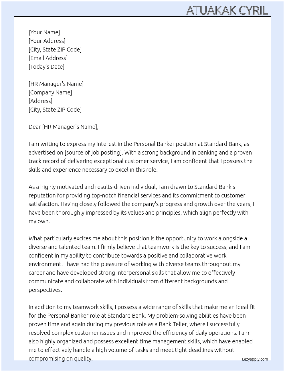 Personal Banker At Standard Bank Cover Letter