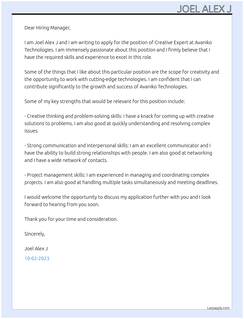 Creative Expert At Avaniko Technologies Cover Letter