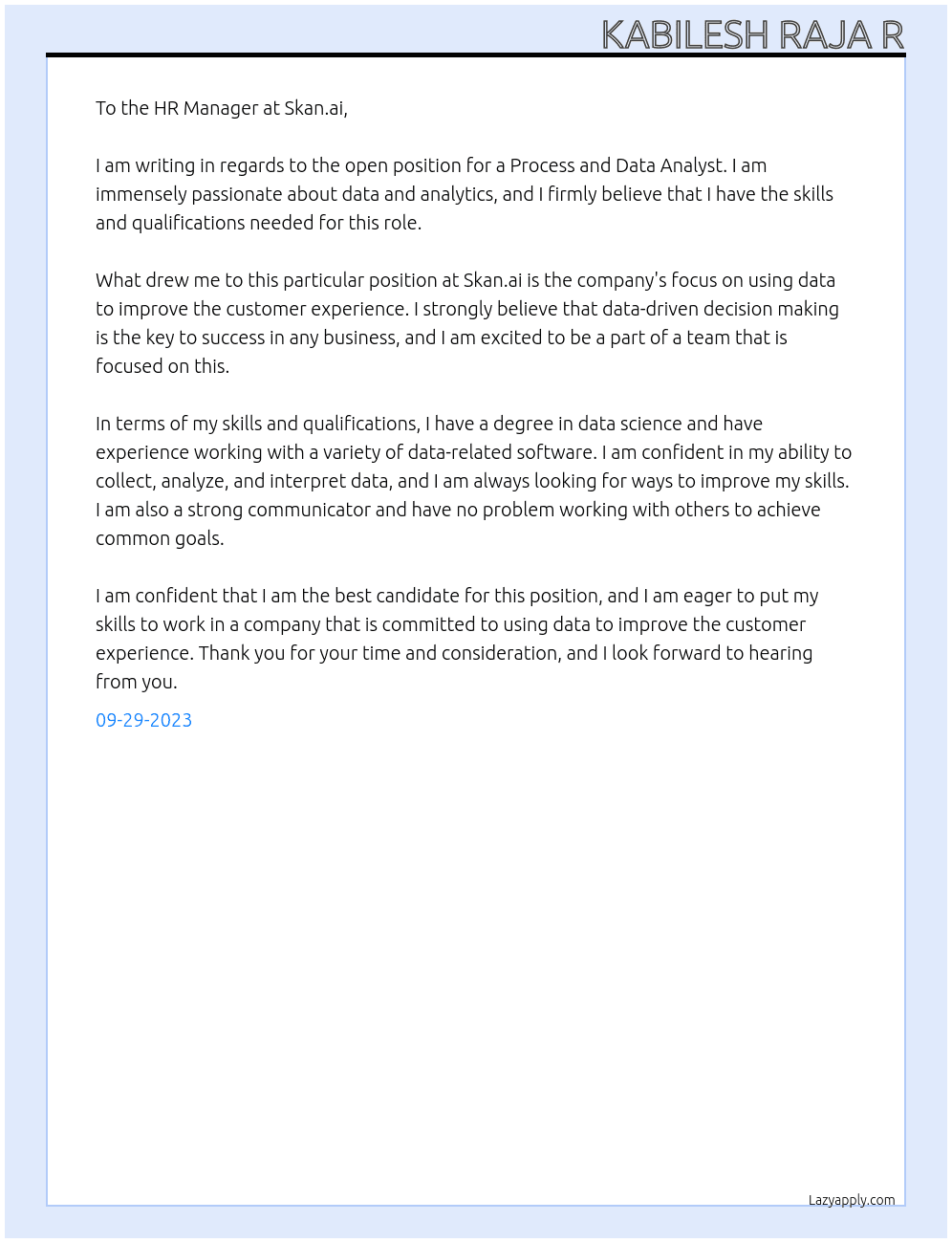 Process and Data Analyst At Skan.ai Cover Letter