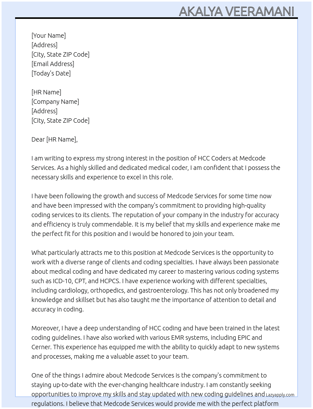HCC coders At Medcode services  Cover Letter