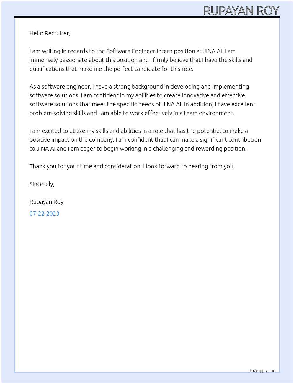Software Engineer Intern At JINA AI Cover Letter