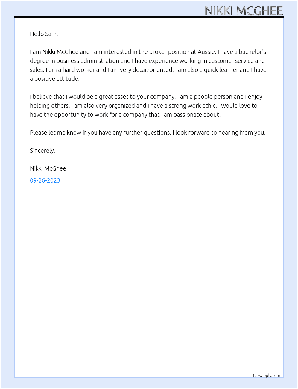 Broker At Aussie Cover Letter