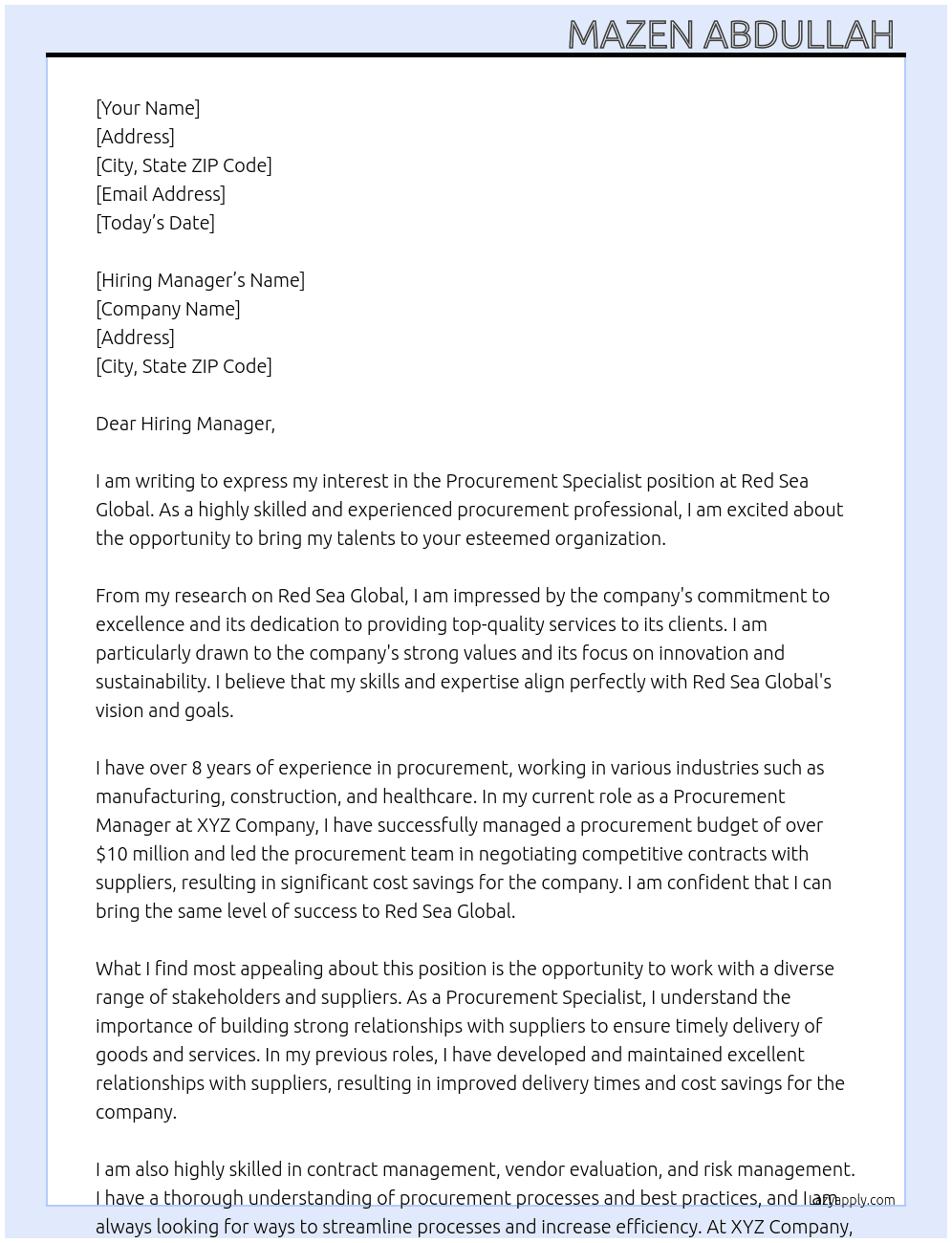 Procurement Specialist  At Red Sea Global Cover Letter