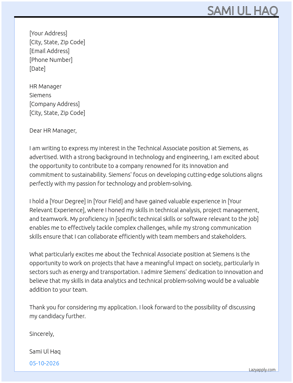 Technical Associate At Siemens Cover Letter