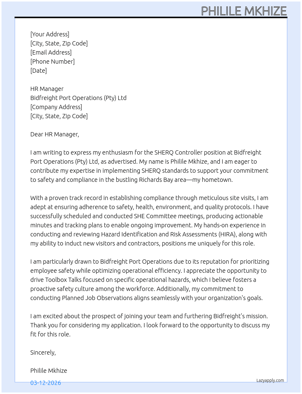 Cover letter for sherq controller - LazyApply