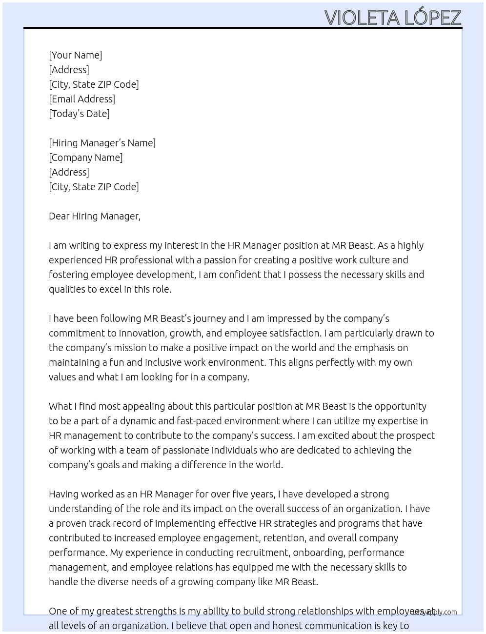 HR Manager  At MR Beast  Cover Letter