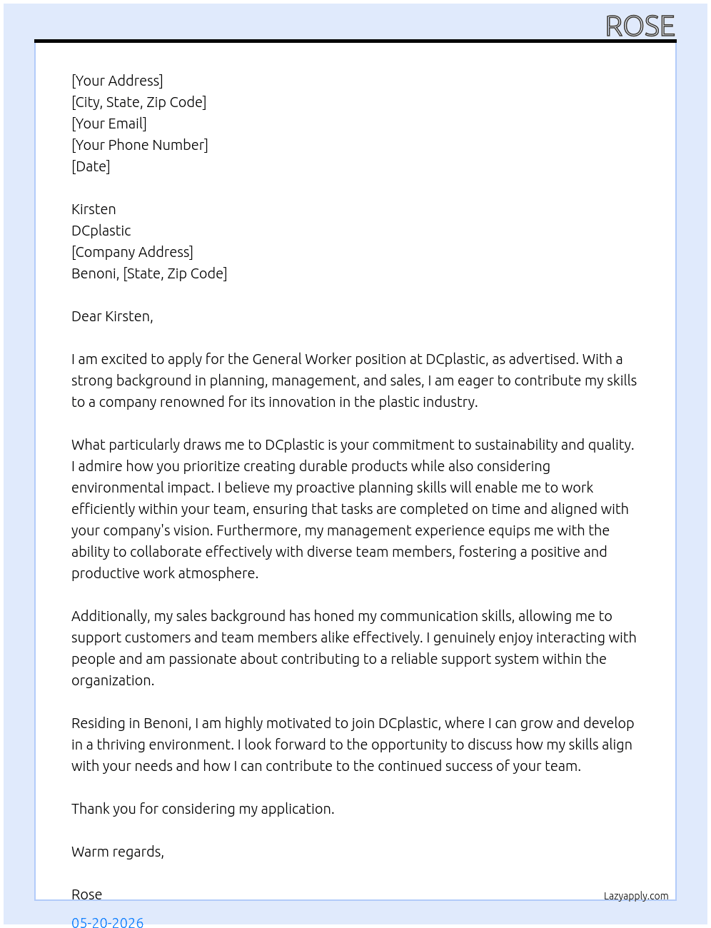 General worker  At DCplastic Cover Letter