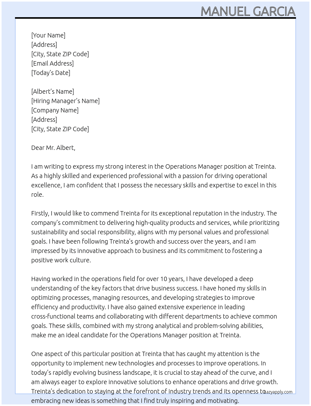 Operations Manager At Treinta Cover Letter