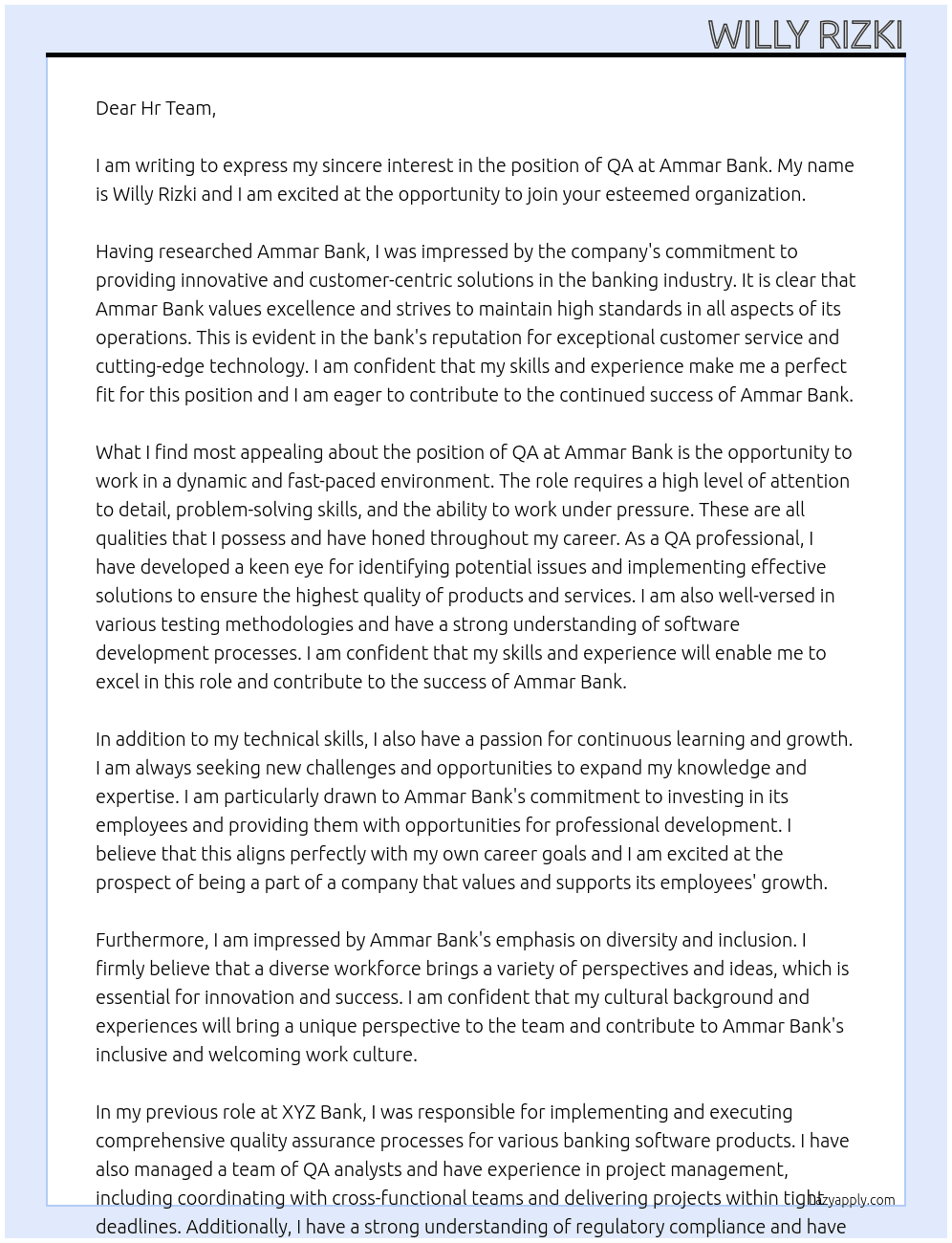 QA At Ammar Bank Cover Letter