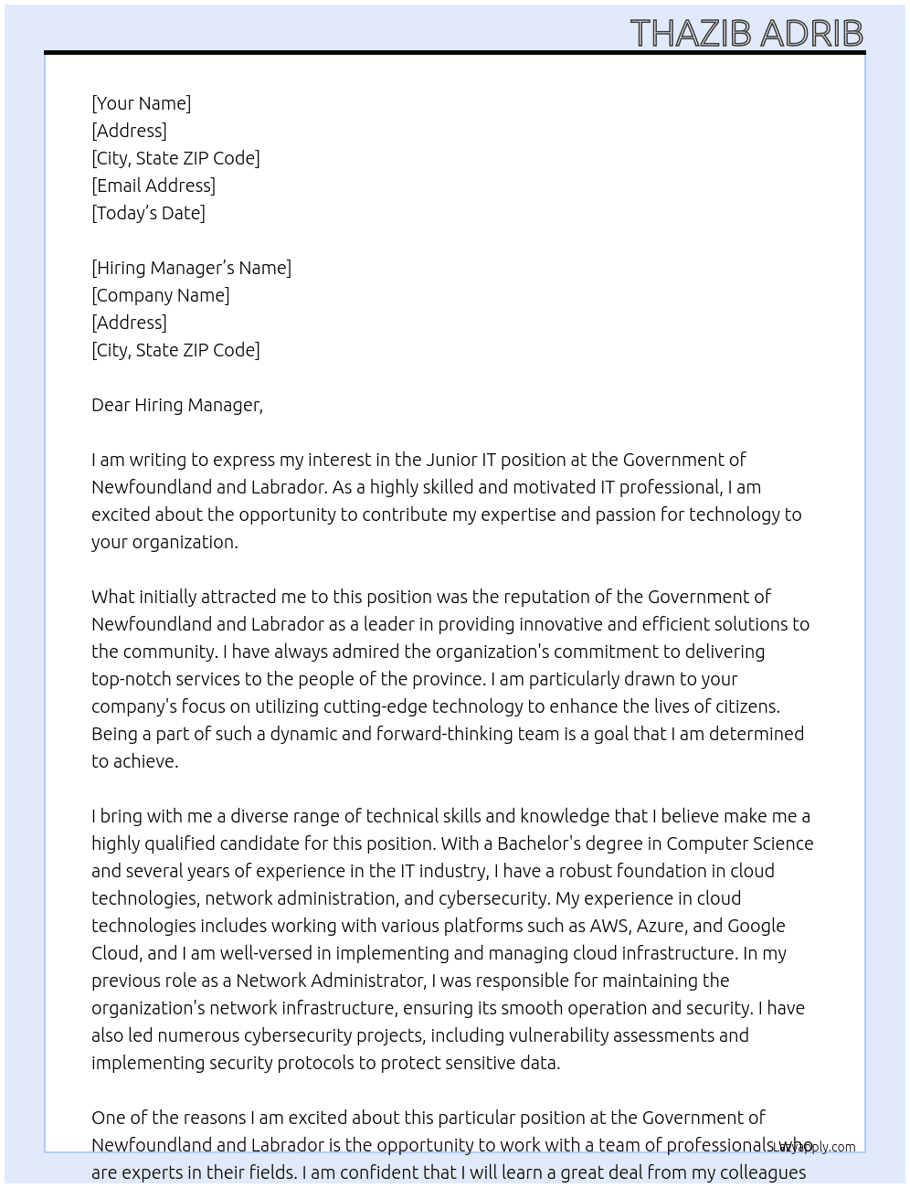 Junior IT At GOvernment of Newfoundland and Labrador Cover Letter