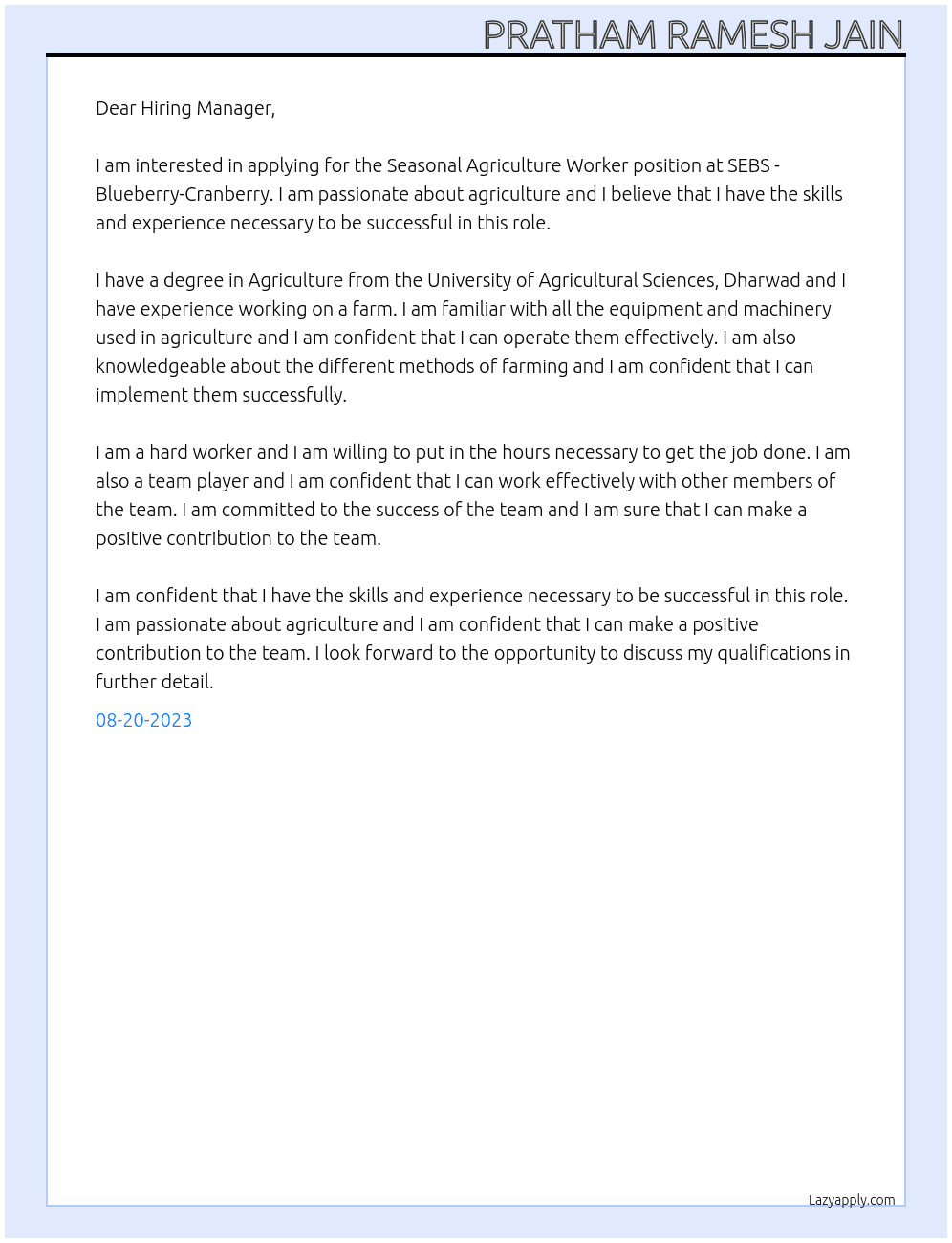 Seasonal Agriculture Worker At SEBS - Blueberry-Cranberry Cover Letter