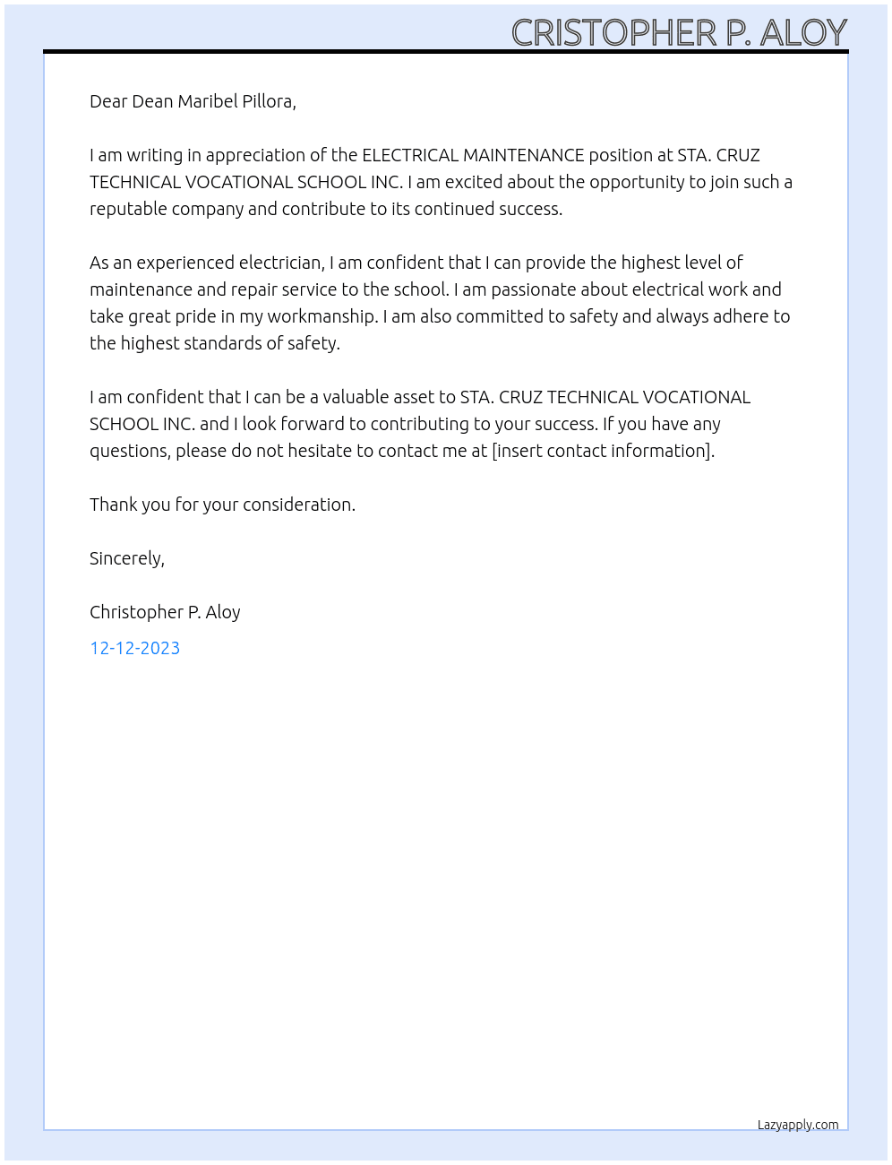 ELECTRICAL MAINTENANCE At STA. CRUZ TECHNICAL VOCATIONAL SCHOOL INC. Cover Letter