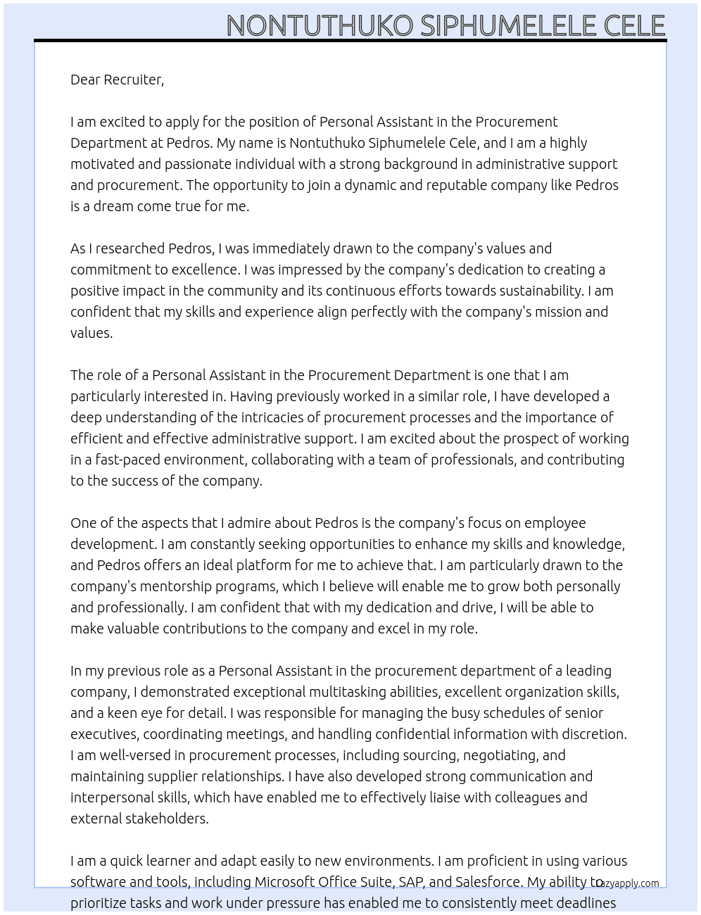 Personal Assistant (Procurement Department) At Pedros Cover Letter