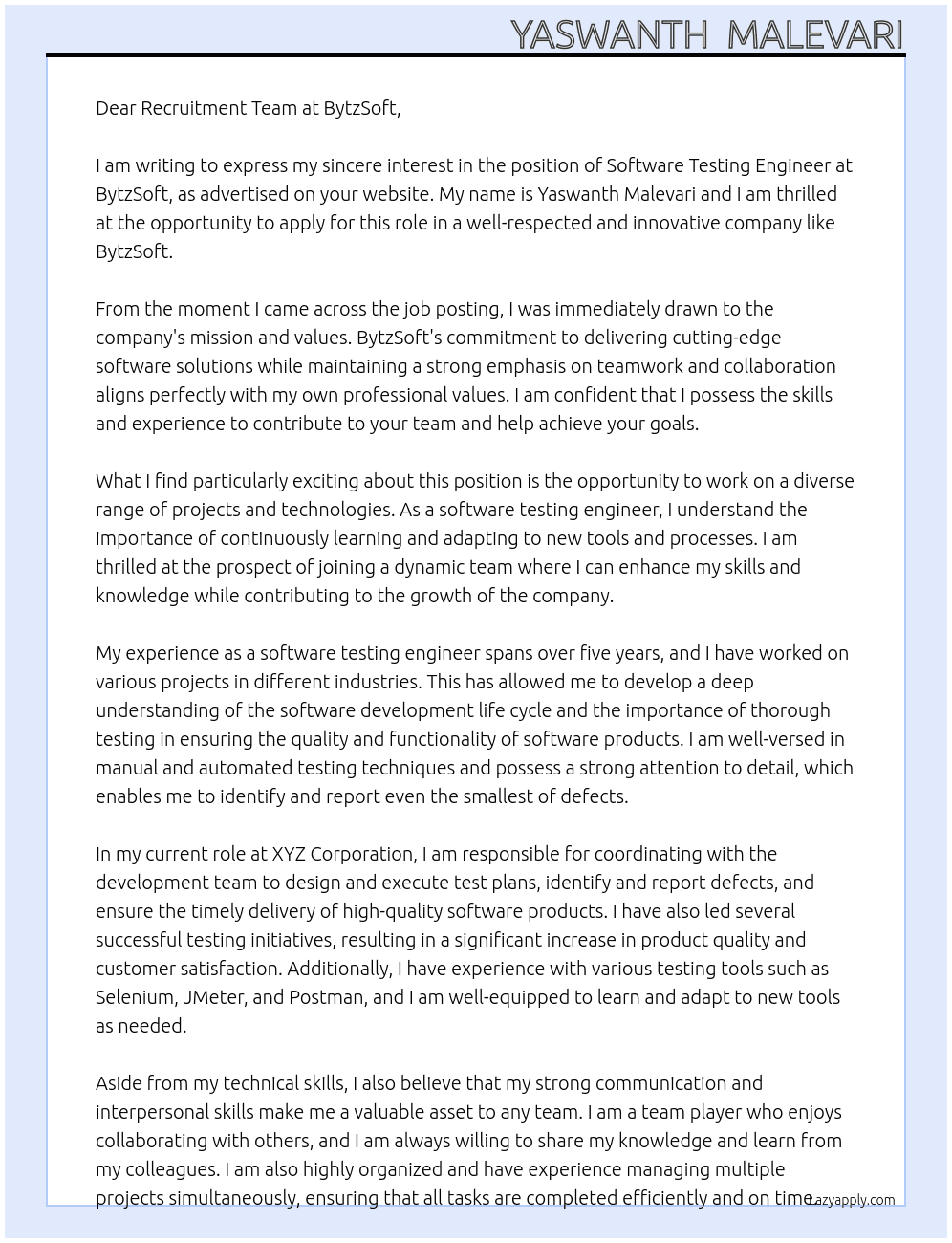 Software Testing Engineer At BytzSoft Cover Letter