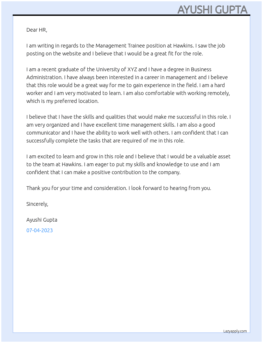 Management Trainee  At Hawkins  Cover Letter