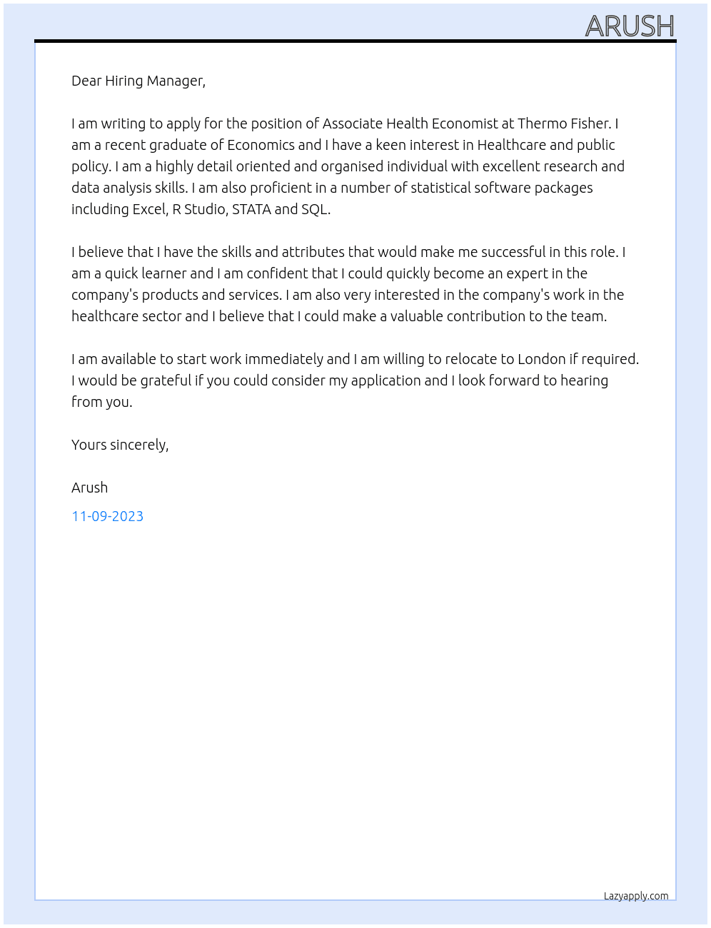 Associate Health Economist At Thermo Fisher Cover Letter