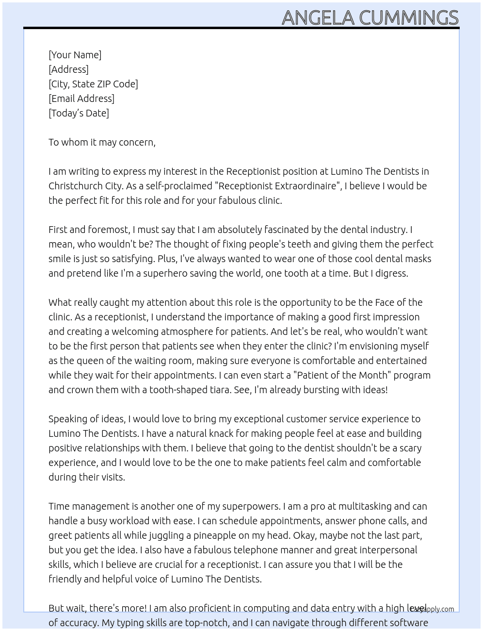 Receptionist At Lumino The Dentists Cover Letter