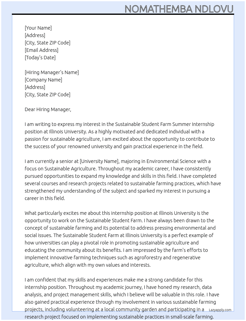 Sustainable Student  Farm Summer Internship  At Illinois University  Cover Letter