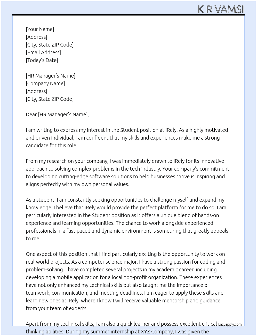 Student At iRely Cover Letter
