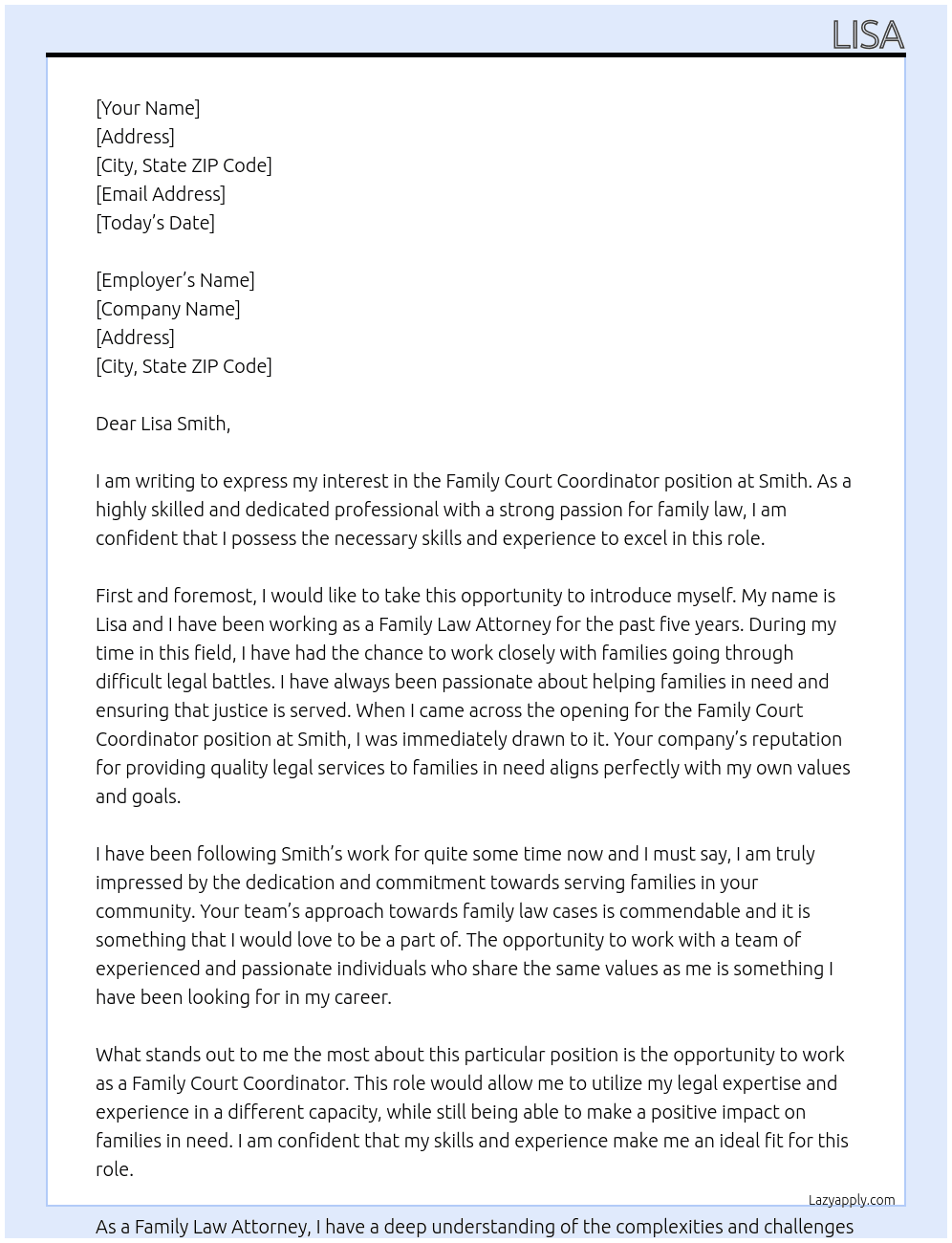 Family Court Coordinator  At Smith Cover Letter