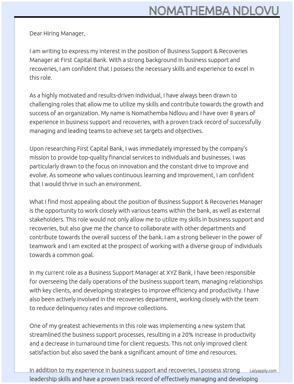 Business Support & Recoveries Manager At First Capital bank  Cover Letter