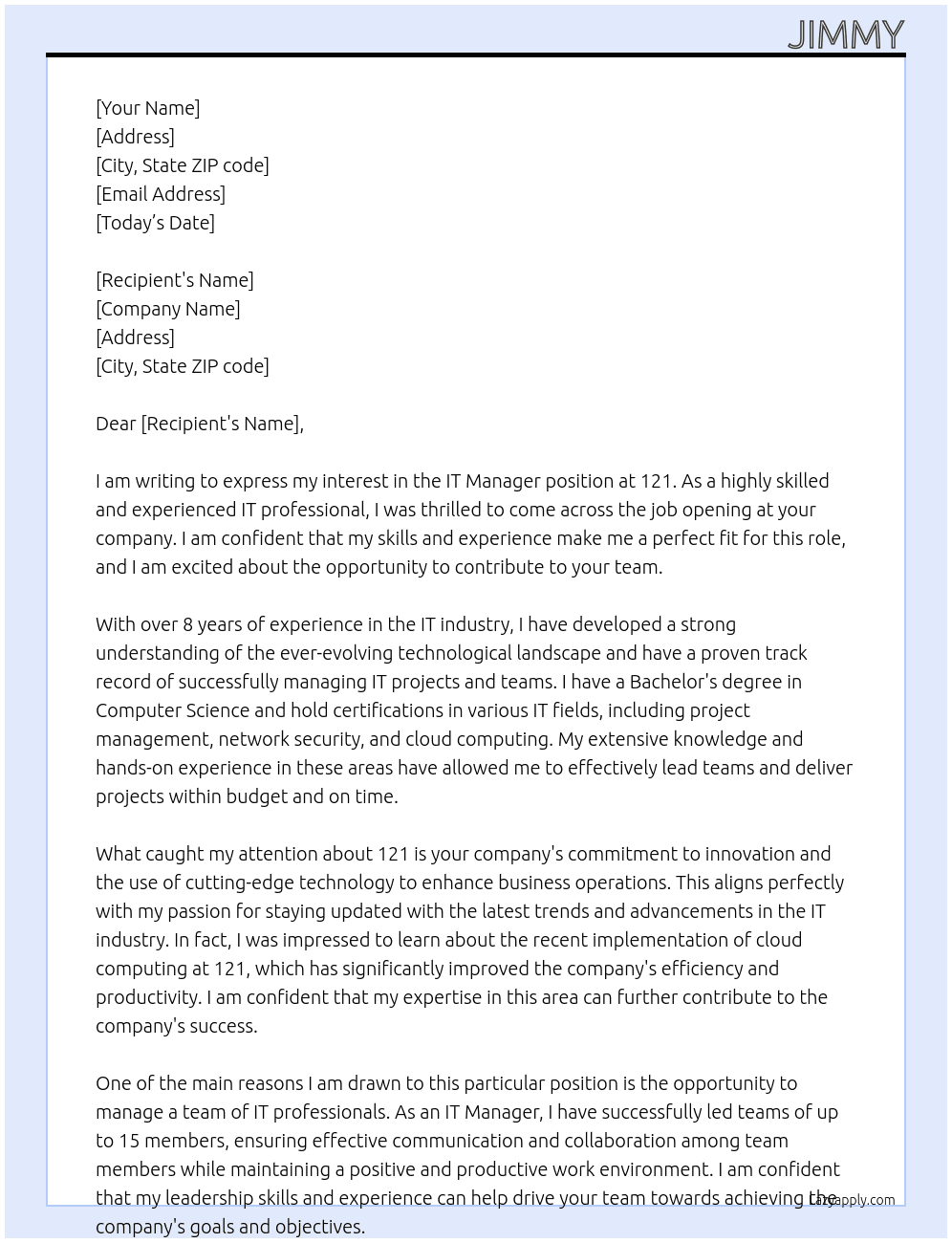 IT MANAGER At 121 Cover Letter