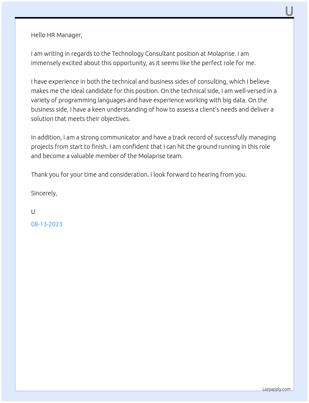  Technology Consultant At Molaprise Cover Letter
