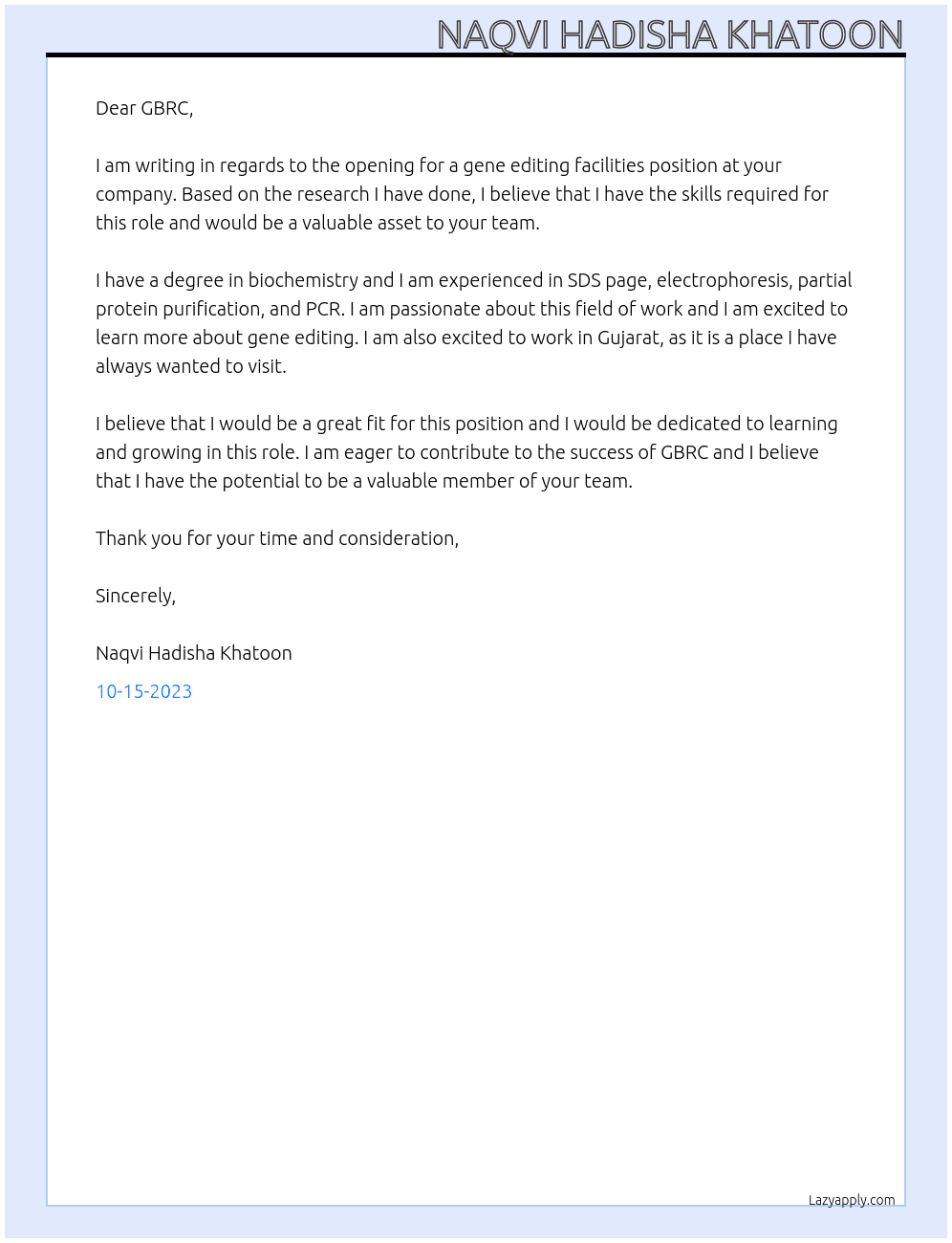 Gene editing facilities  At GBRC Cover Letter