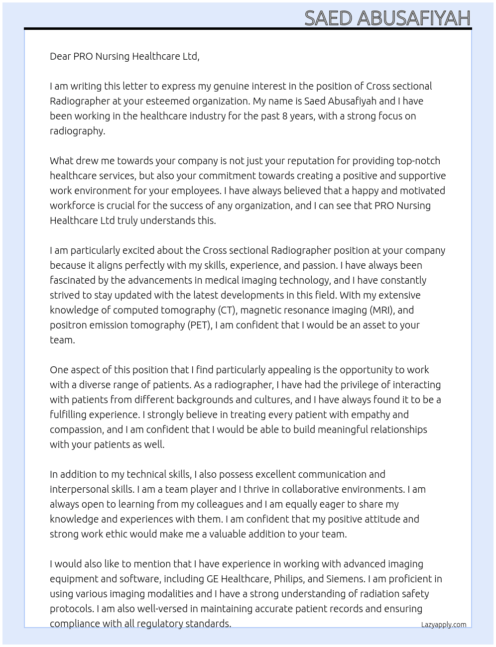 Cross sectional Radiographer At PRO Nursing Healthcare Ltd Cover Letter