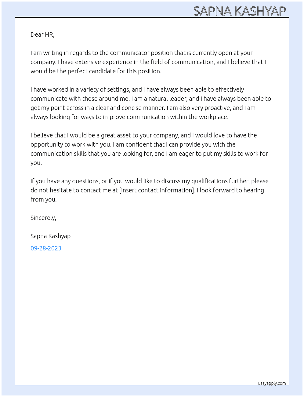 cmmunicator At recruitment Cover Letter