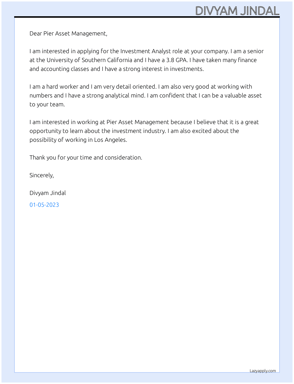 Investment Analyst At Pier Asset Management Cover Letter