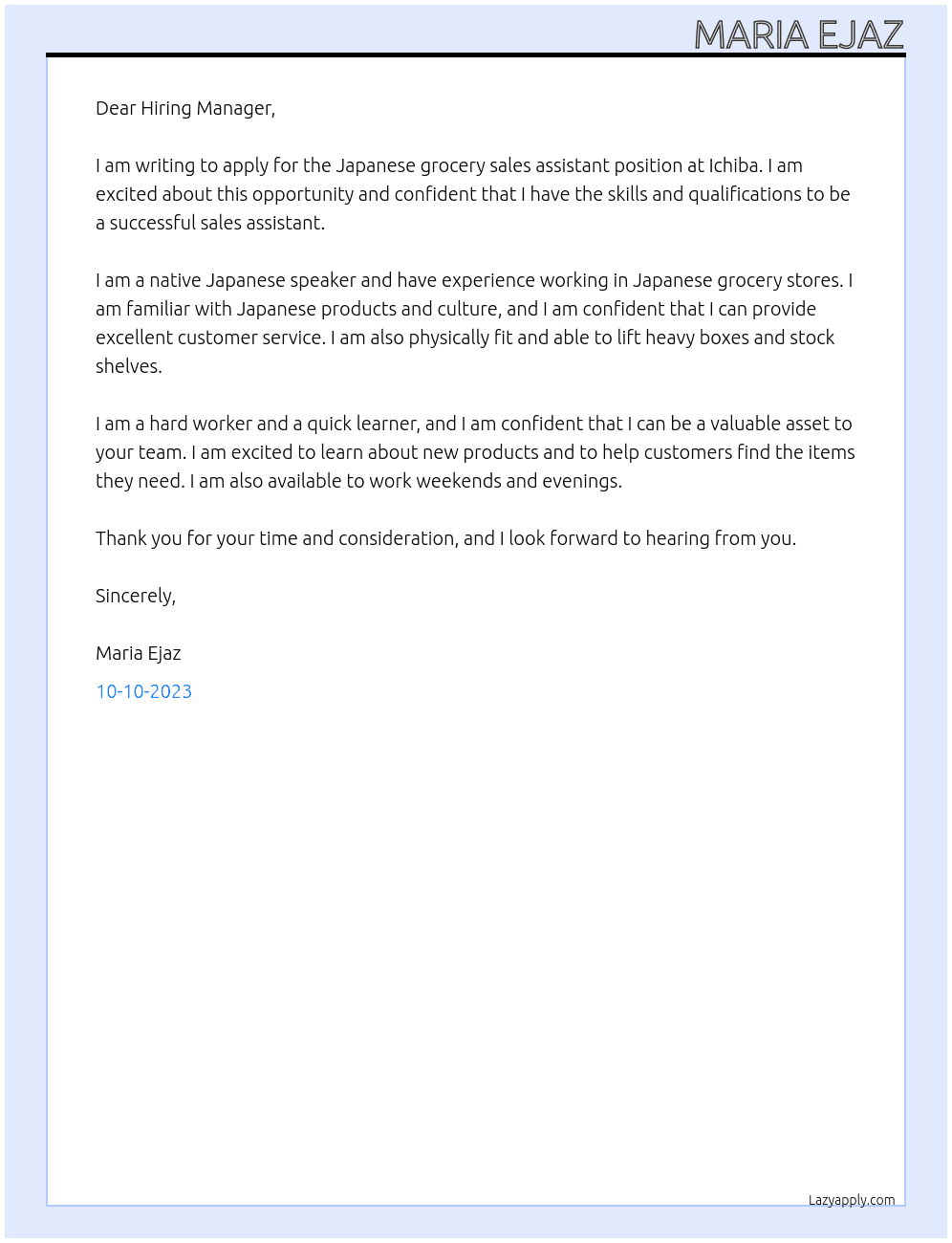 Japanese grocery  sales assistant  At Ichiba Cover Letter