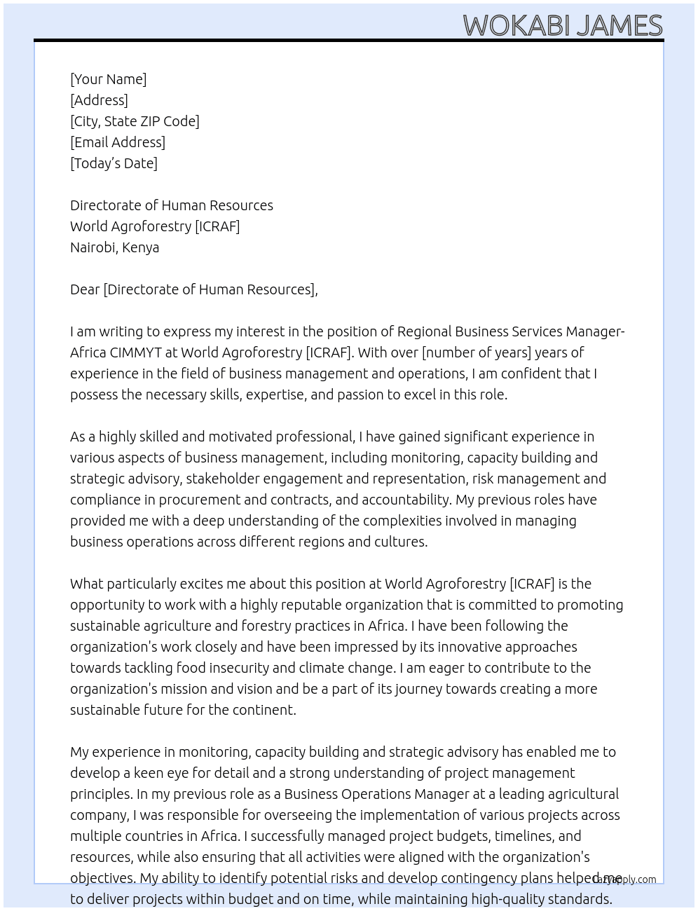 Regional Business Services Manager- Africa CIMMYT At World Agroforestry [ICRAF] Cover Letter