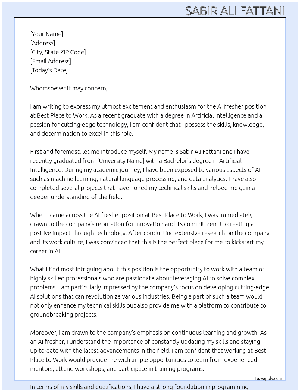 AI fresher At Best place to work Cover Letter