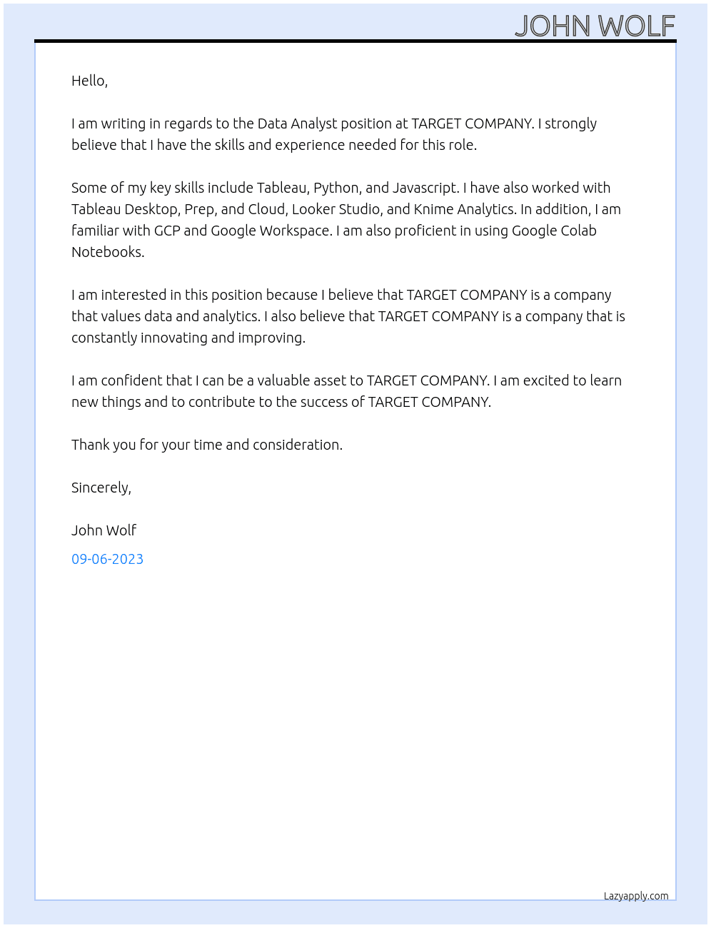 Data Analyst At TARGET COMPANY Cover Letter