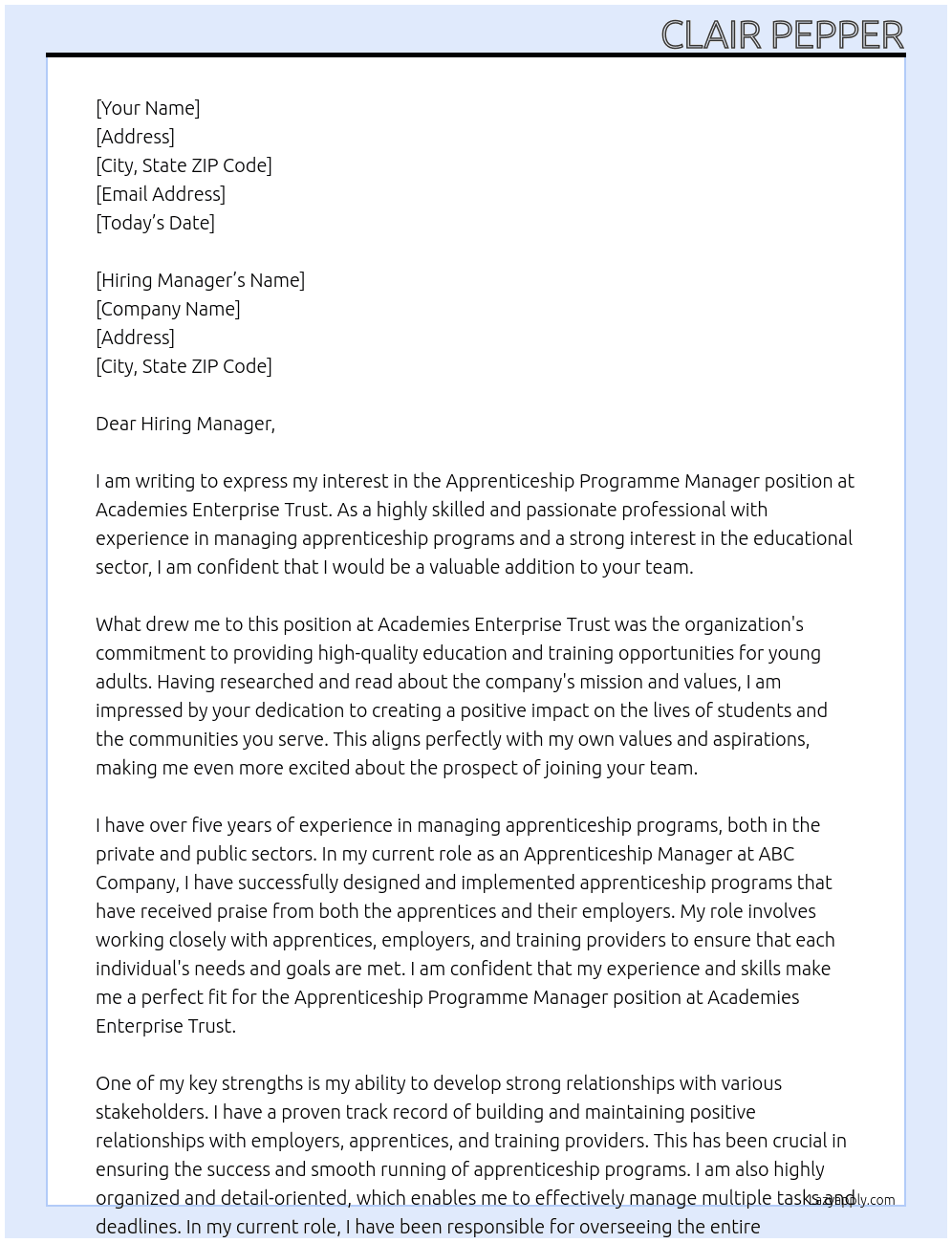 Apprenticeship Programme Manager At Academies Enterprise Trust Cover Letter