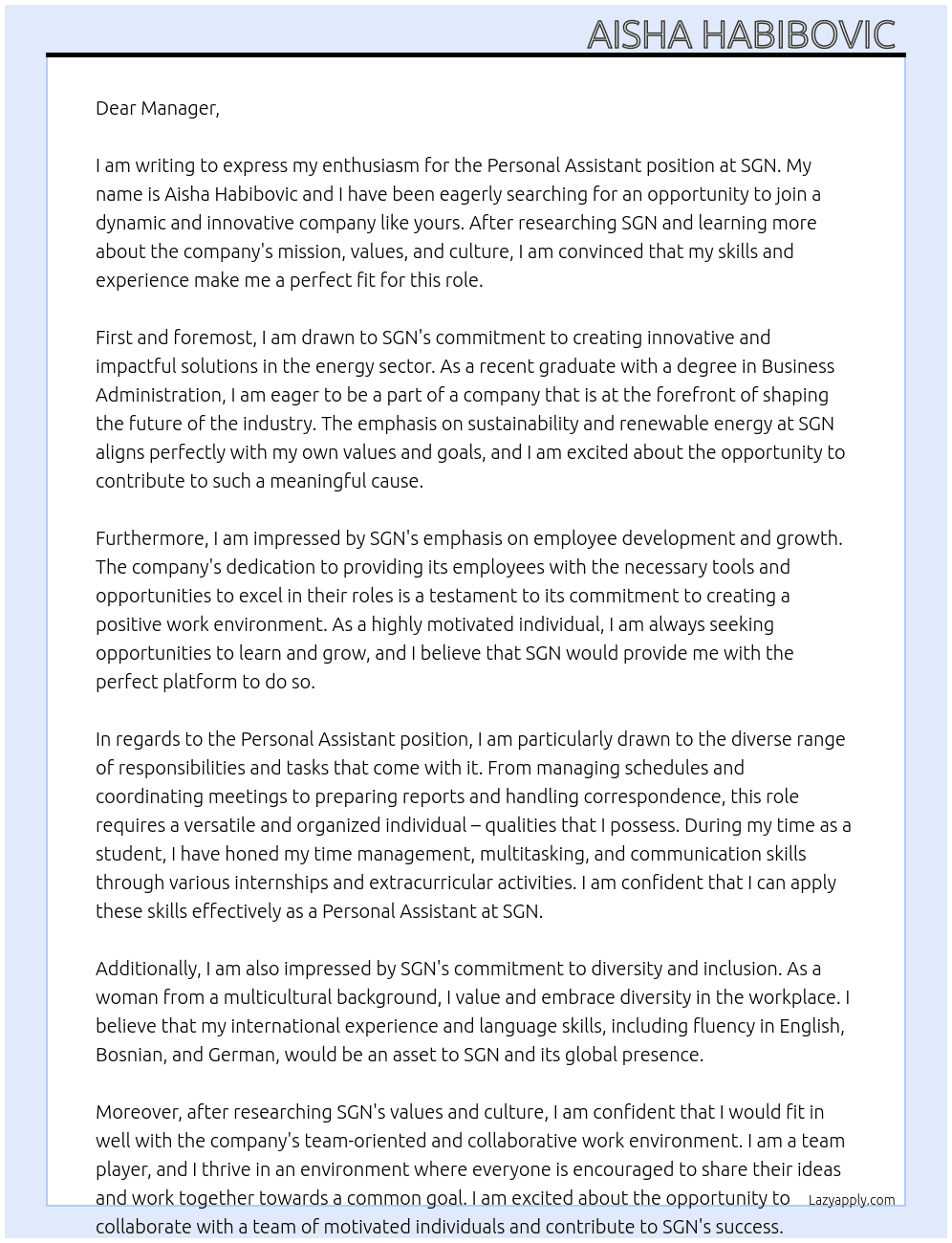 Personal assistant At SGN Cover Letter