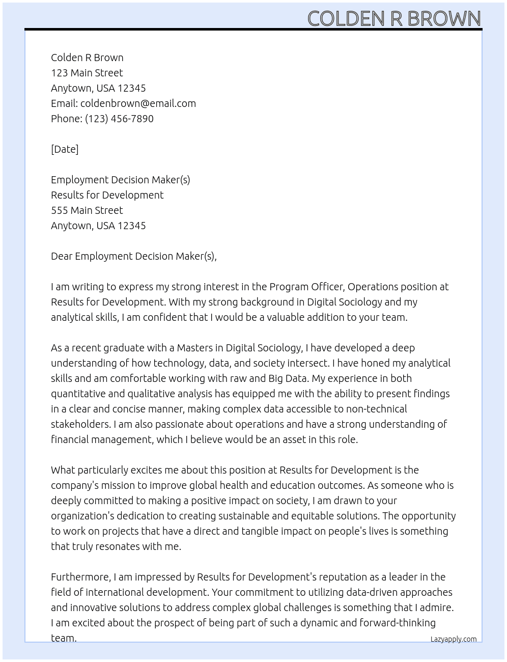 Program Officer, Operations At Results for Development Cover Letter