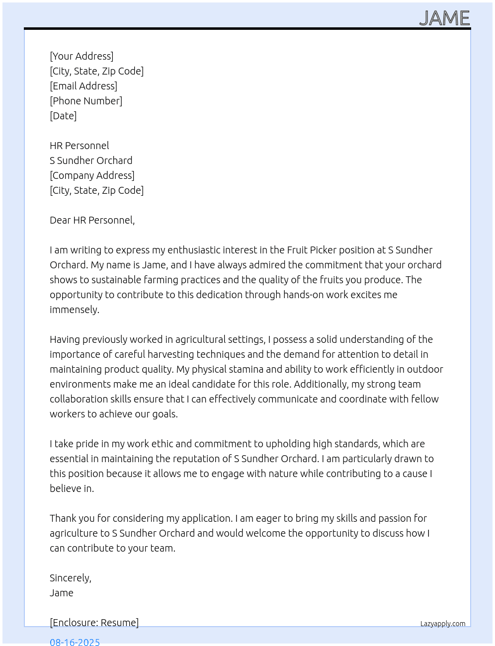 fruit picker At s sundher orchard  Cover Letter