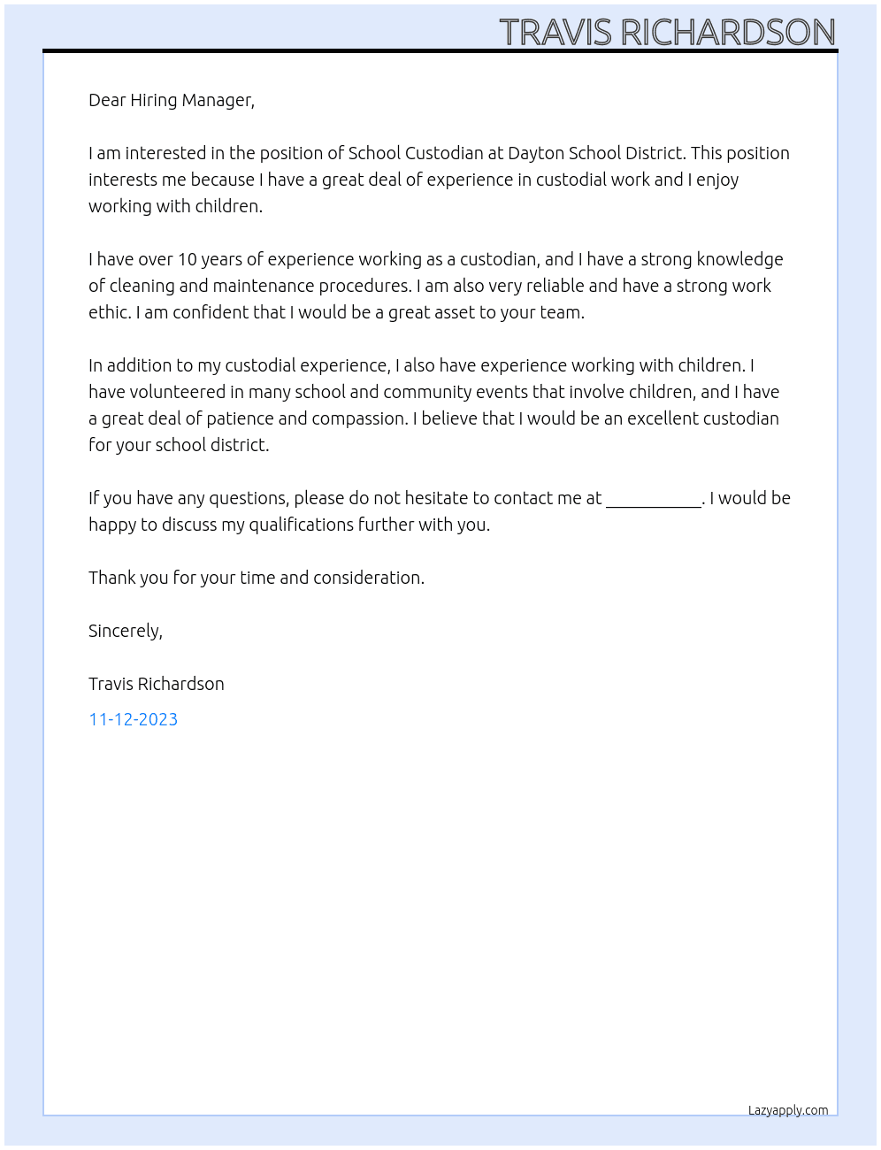School Custodian At Dayton School District Cover Letter