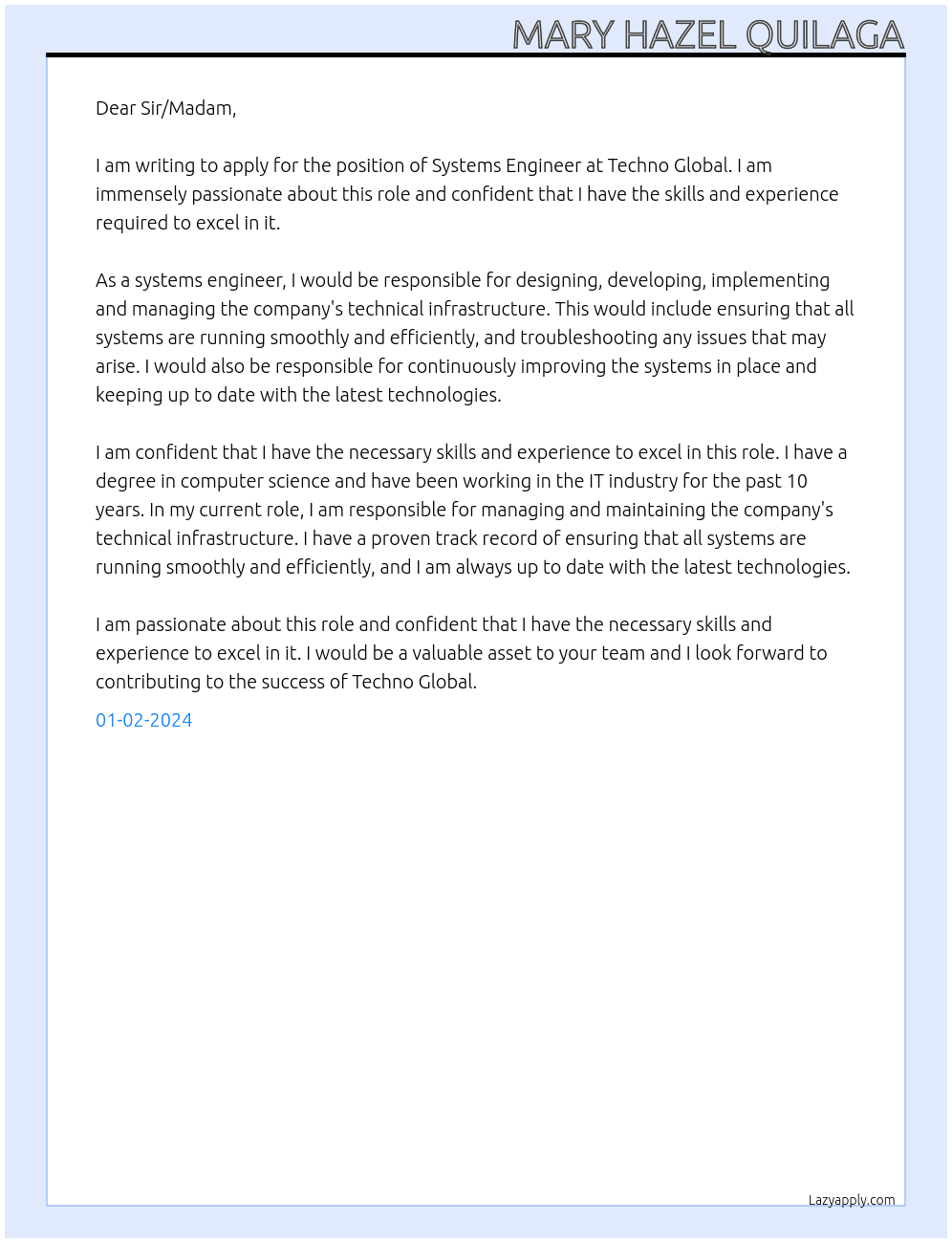 Systems Engineer At Techno Global Cover Letter