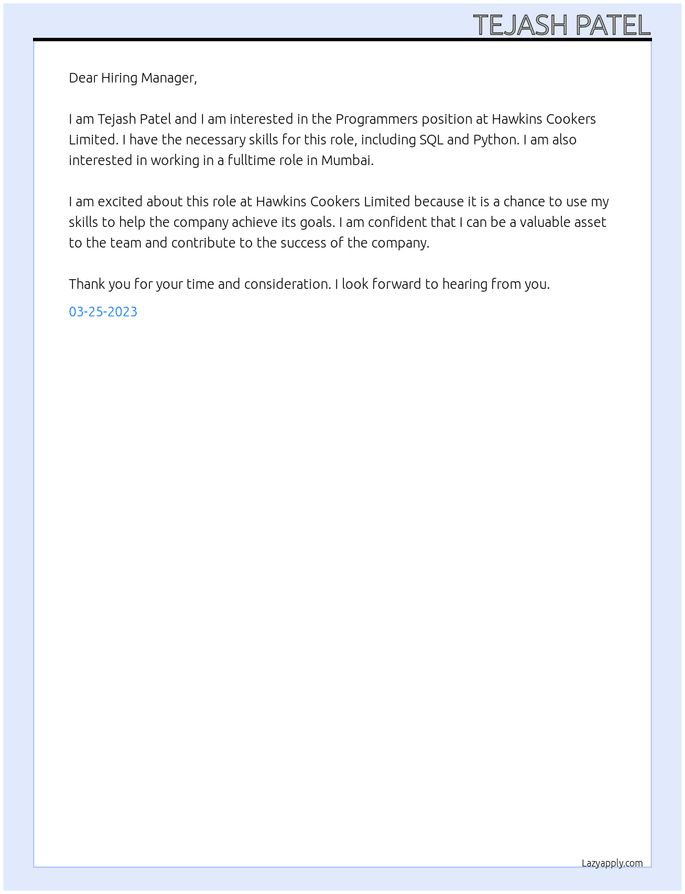 Programmers At Hawkins Cookers Limited Cover Letter