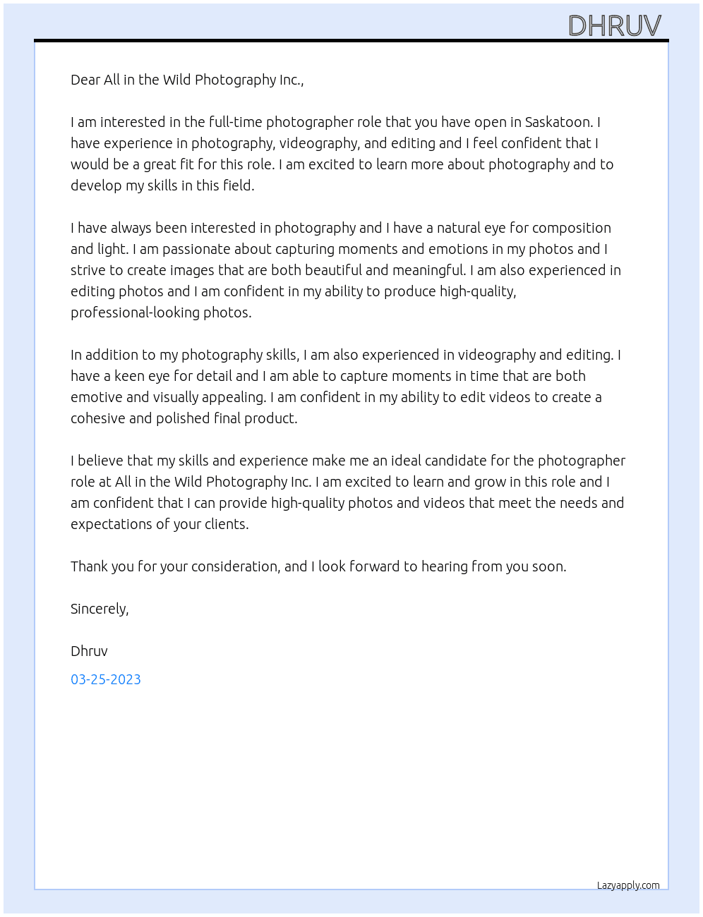 Photographer  At All In The Wild Photography Inc. Cover Letter