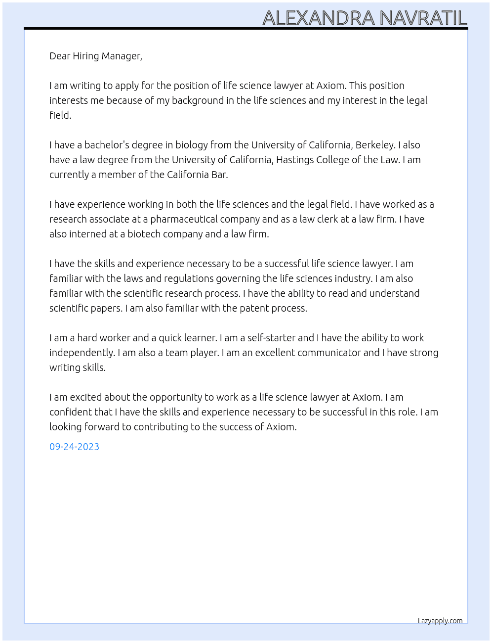 life science lawyer At Axiom Cover Letter