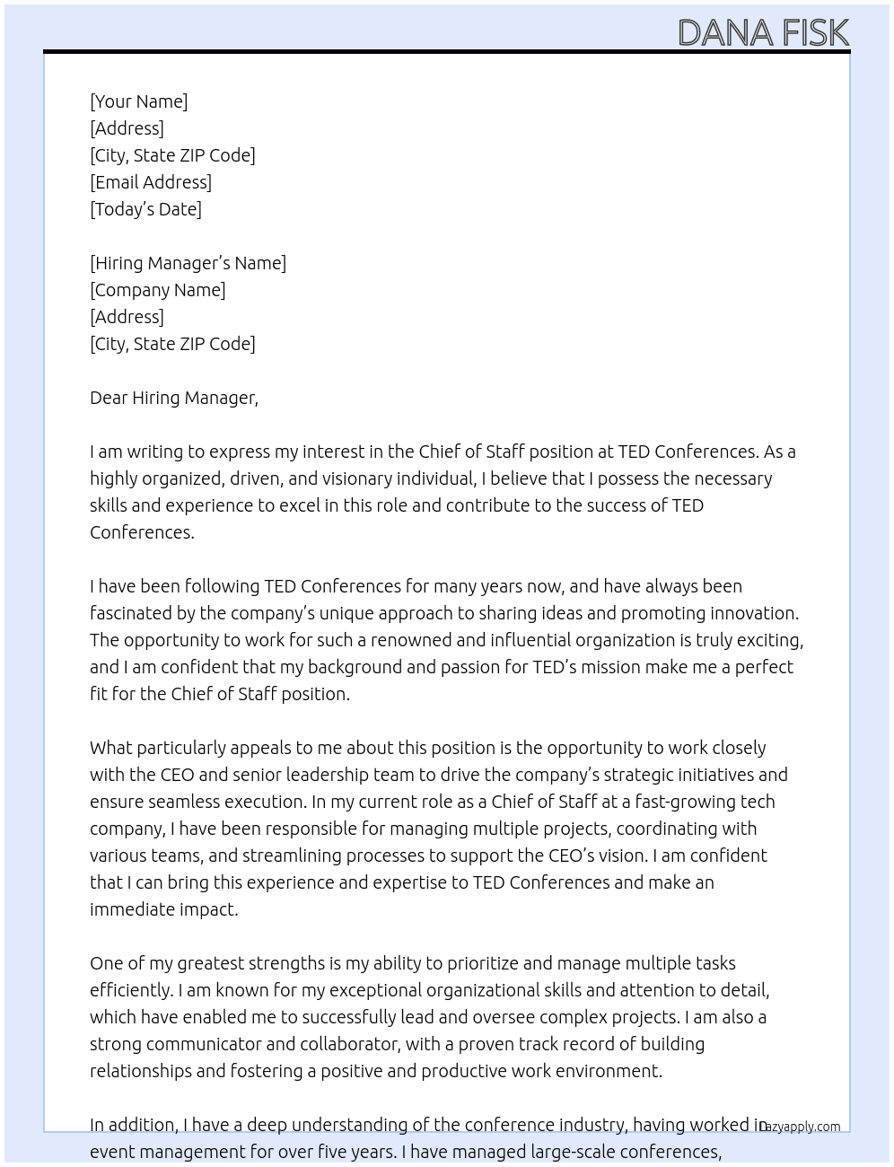 Chief of Staff At TED Conferences Cover Letter