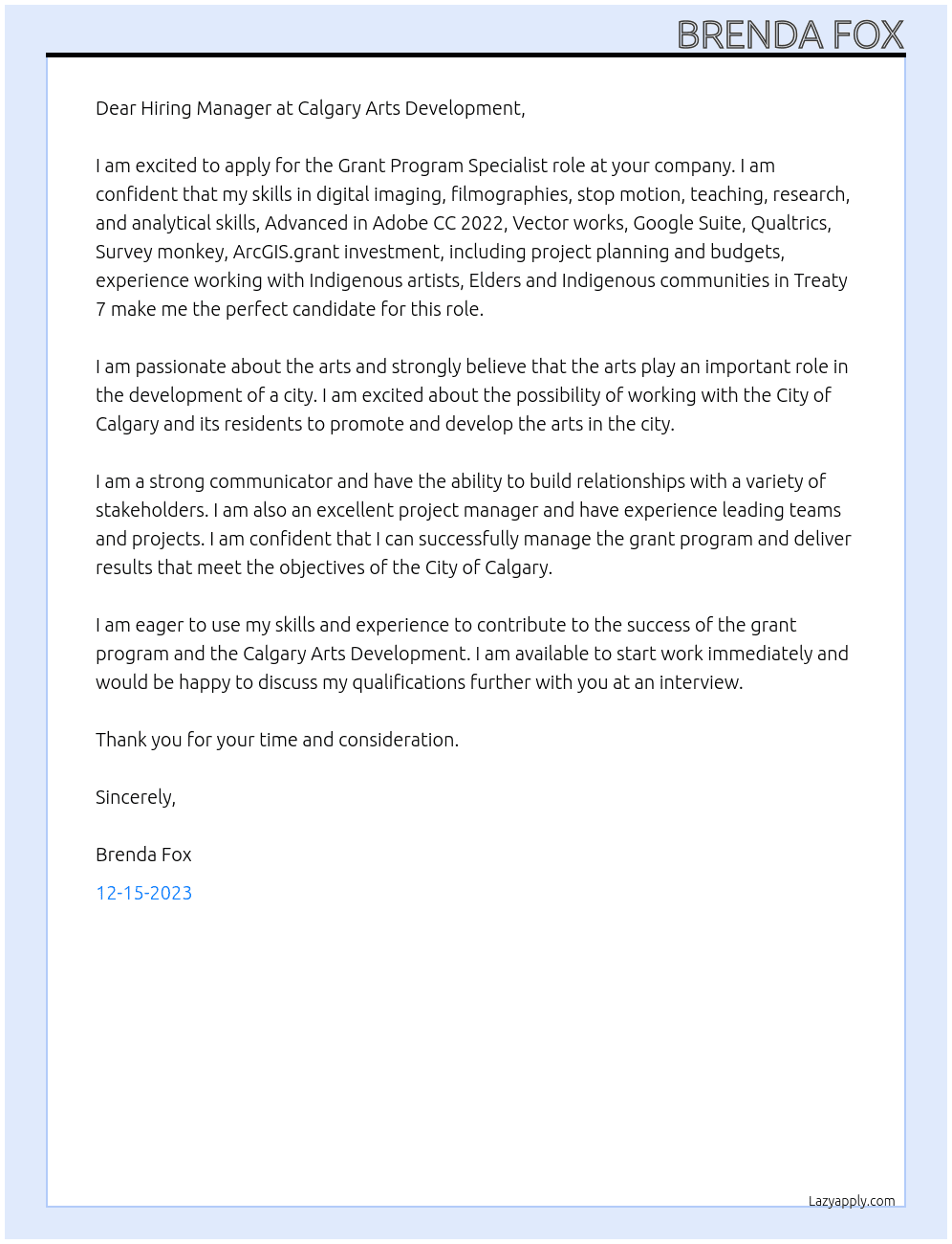 Grant Program Specialist At Calgary Arts Development Cover Letter
