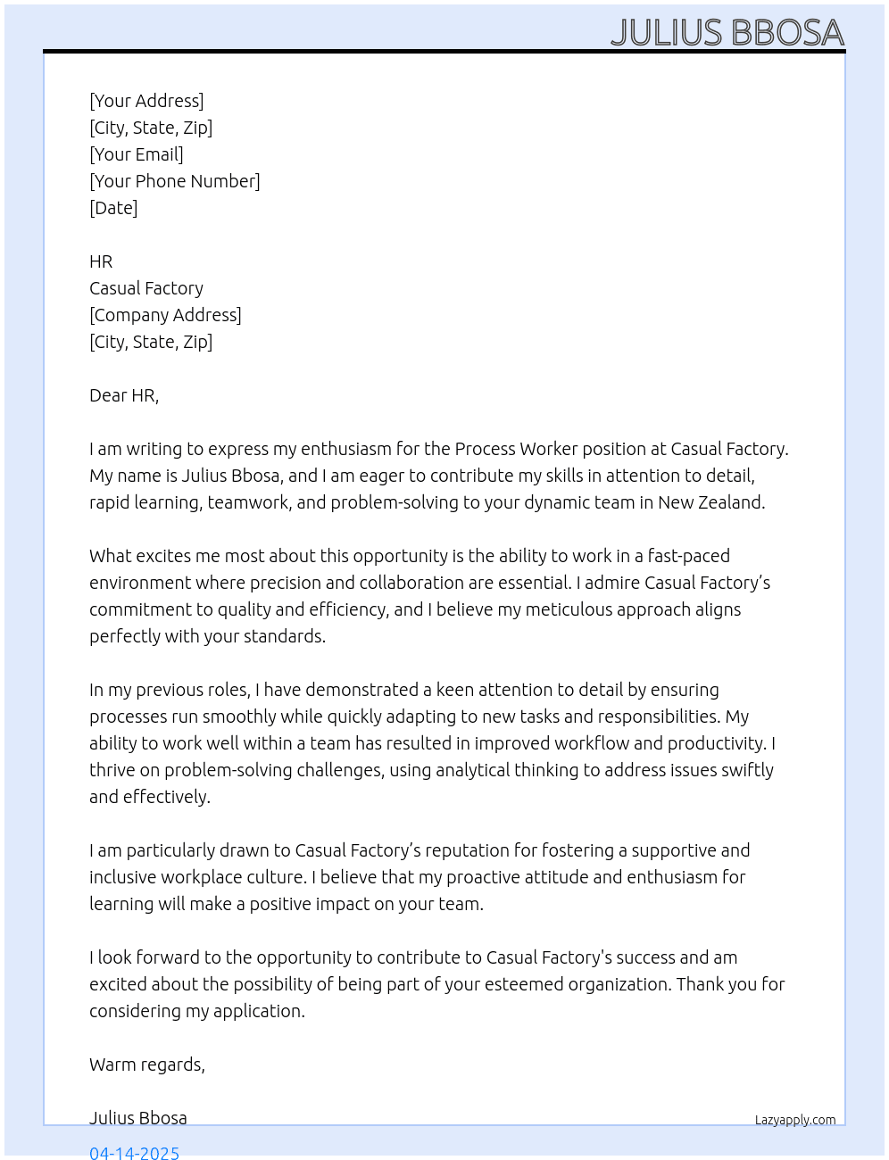 process worker At Casual factory  Cover Letter