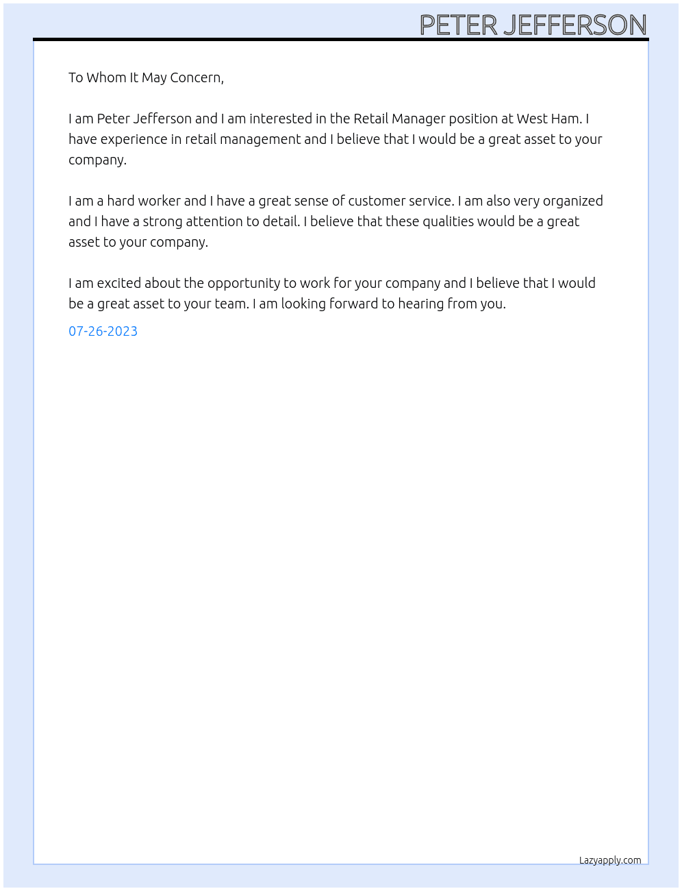Retail Manager At West Ham Cover Letter