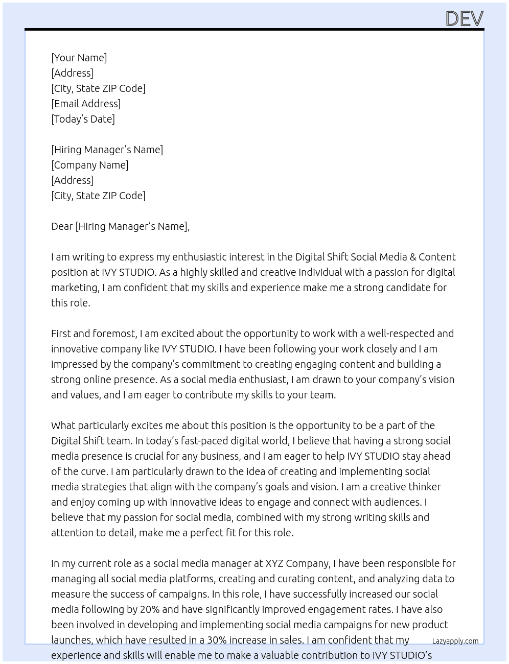 Digital Shift Social Media & Content At IVY STUDIO Cover Letter