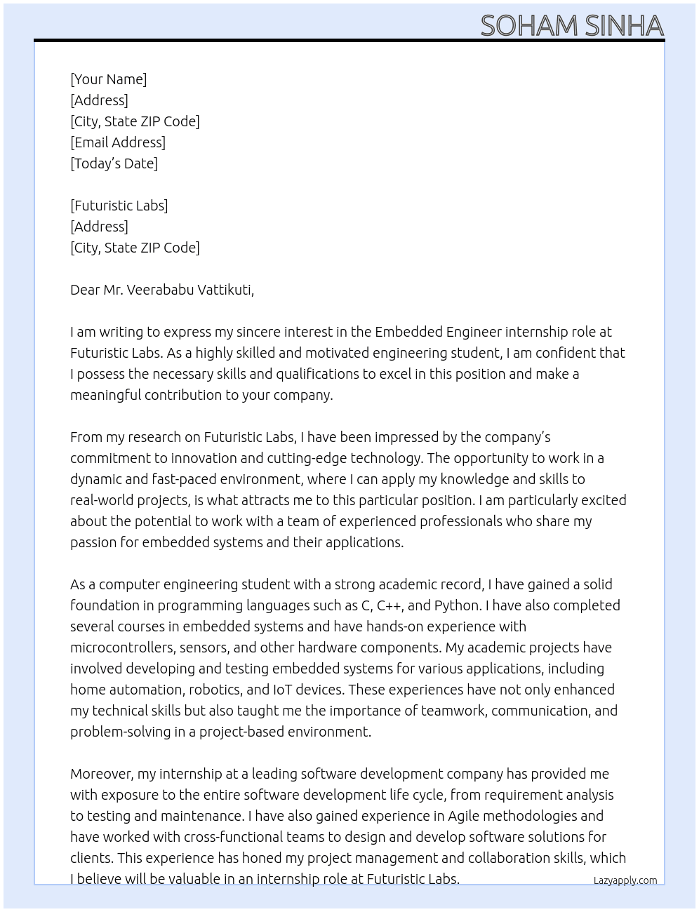 Embedded Engineer At Futuristic Labs Cover Letter